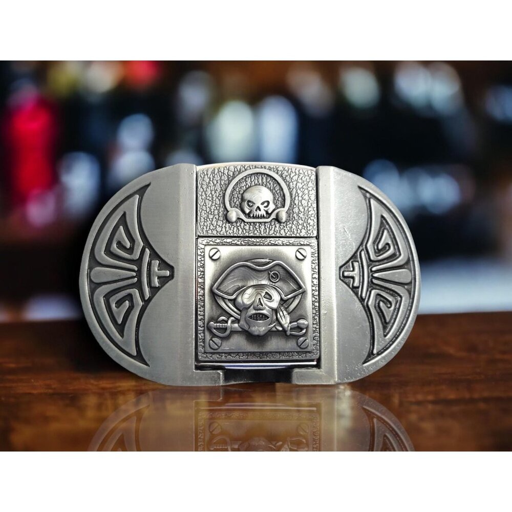Pirate Skulls Antique Silver Finish Metal Lighter Belt Buckle - Free Engraving